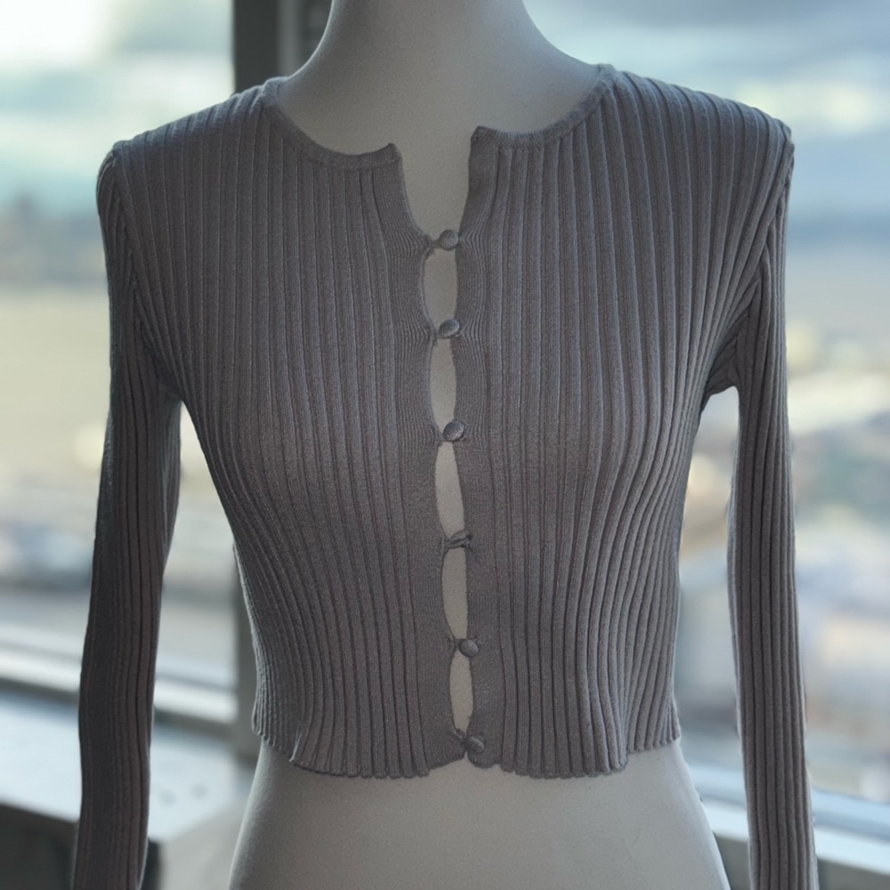 Forever 21 Ribbed Stretch Crop Top-Long Sleeve -Neutral Gray-Size XL